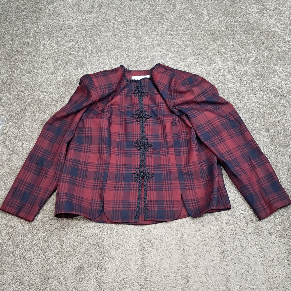 Jessica Howard Woman Plaid Scalloped Hem Blazer Jacket Burgundy Navy Size 18W
